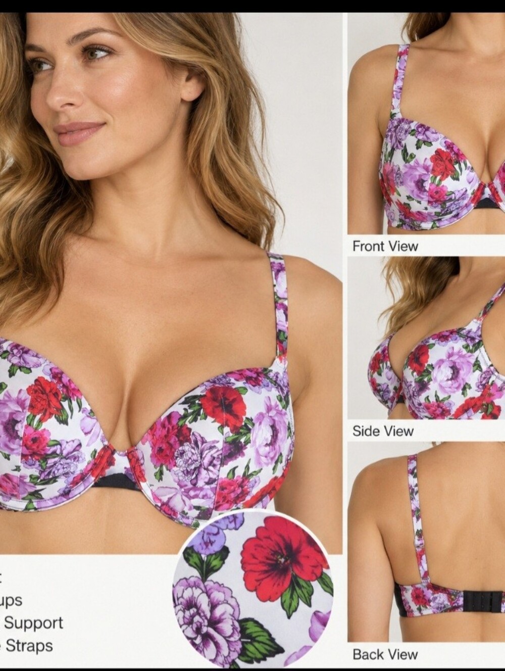 Victoria's Secret Lavender Floral Underwire Push-Up Bra with Red Accents